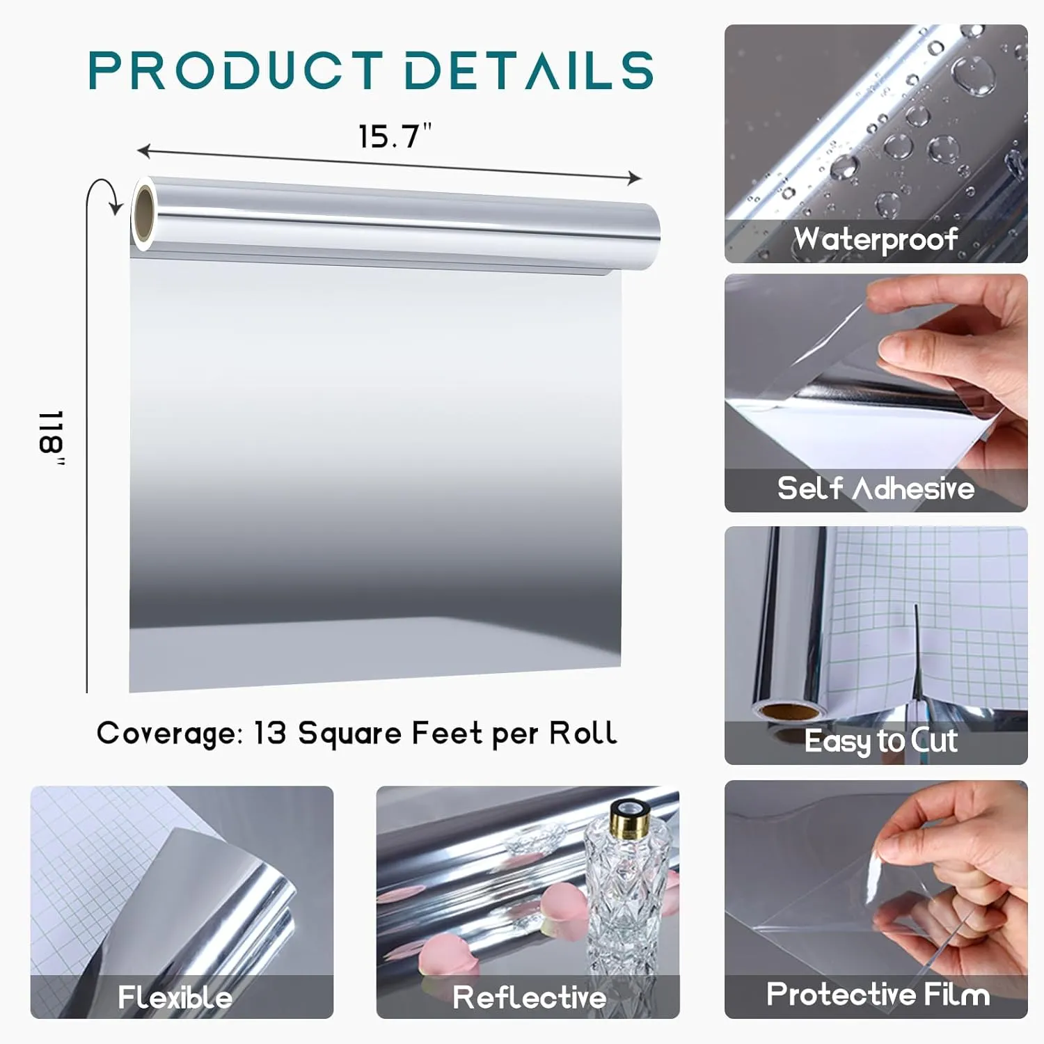 VEELIKE Glossy Metallic Adhesive Silver Vinyl Roll Reflective Non Glass Mirror Vinyl Wrap Silver Chrome Vinyl 15.7''x118'' Peel and Stick Metallic Wallpaper for Kitchen Cabinets Crafts Wall Décor