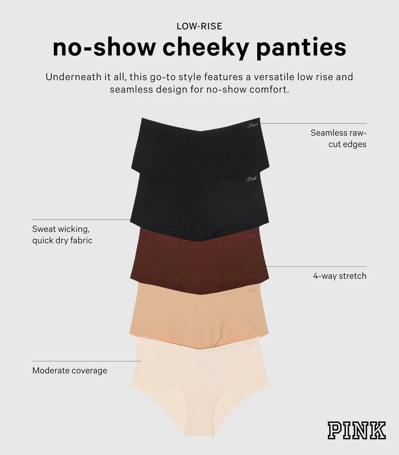 Victoria's Secret PINK No Show Lace Cheekster Panty Pack, Underwear for Women (XS-XXL)