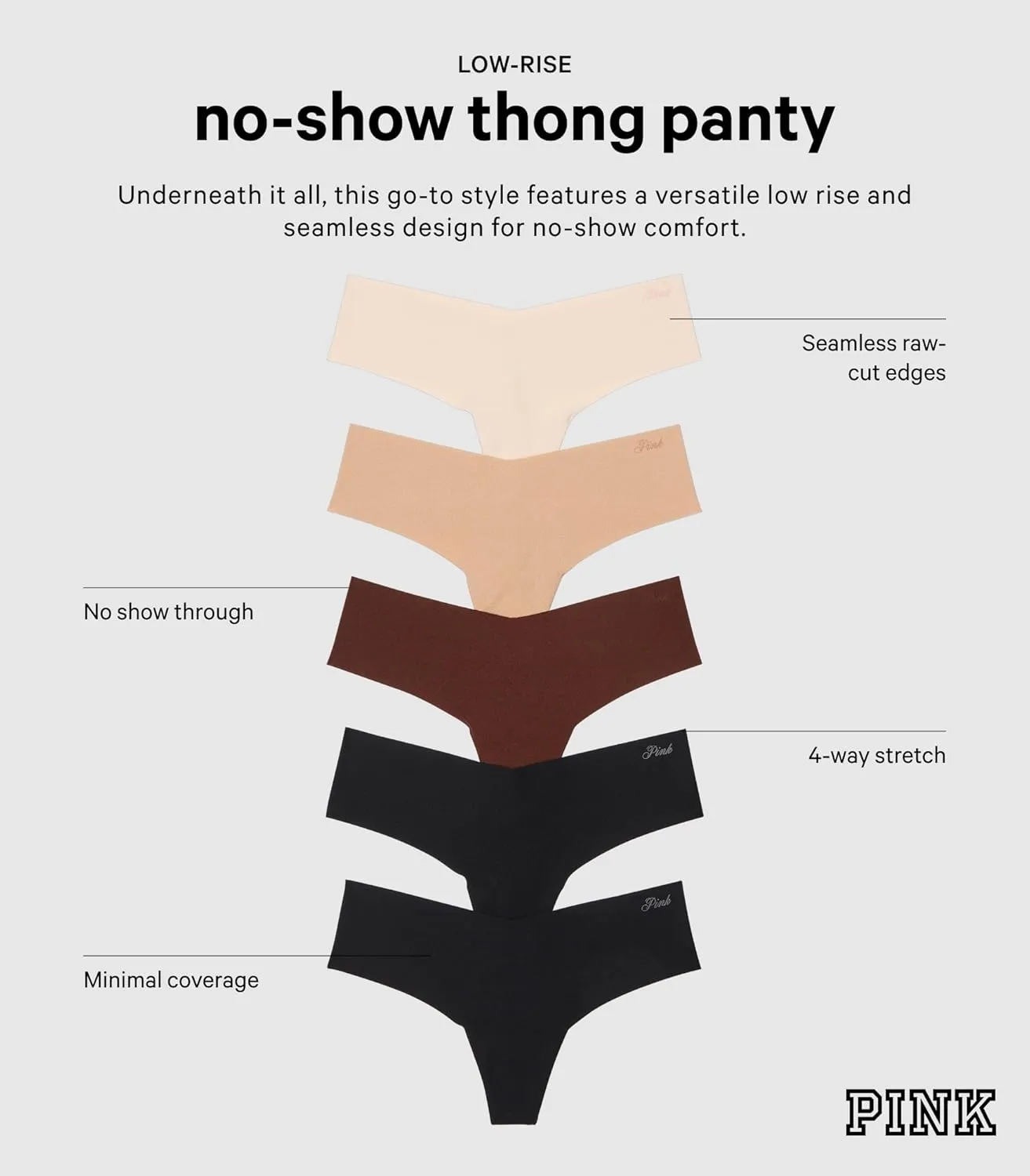 Victoria's Secret PINK Women's No Show Thong Underwear, Panties for Women, Multi Pack (XS-XXL)