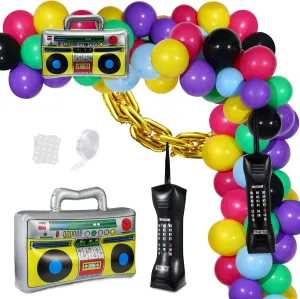 Vinsot 90s 80s Theme Party Balloons Backdrop Decorations Include Inflatable Boom Box Inflatable Retro Mobile Phone Gold Chain Balloons Garland Kit for Back to 90s 80s Party for Birthday Decor