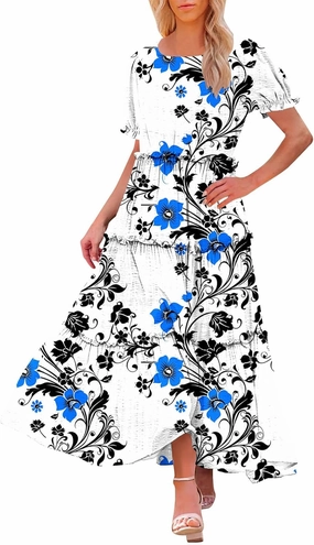 Vintage Floral Maxi Dress for Women Summer Casual Short Sleeve Tiered A-Line Dresses Elegant Boho Print Flowy Sundress