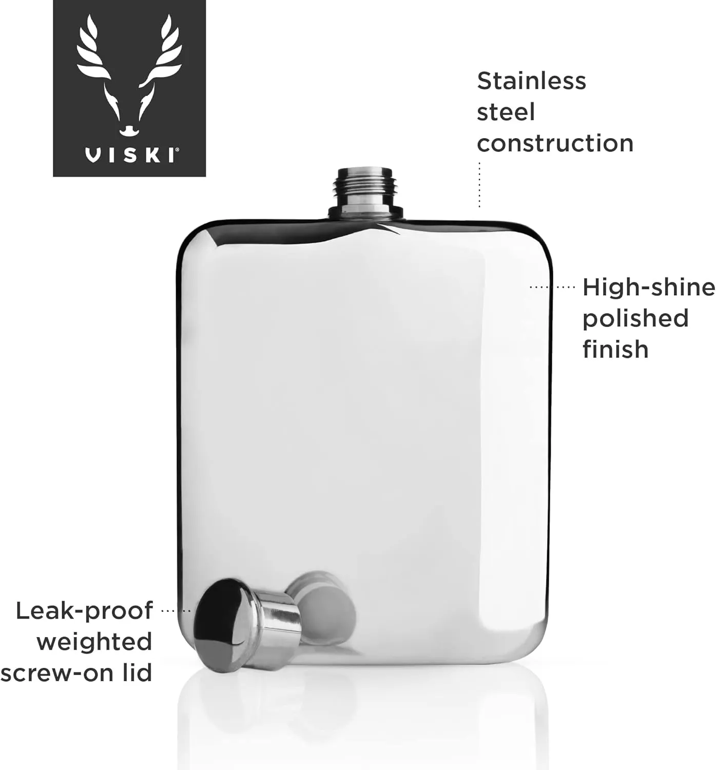 Viski Silver Polished Stainless Steel Flask With Screw Top for Alcohol, Liquor, Men - 6 Ounces, Set of 1