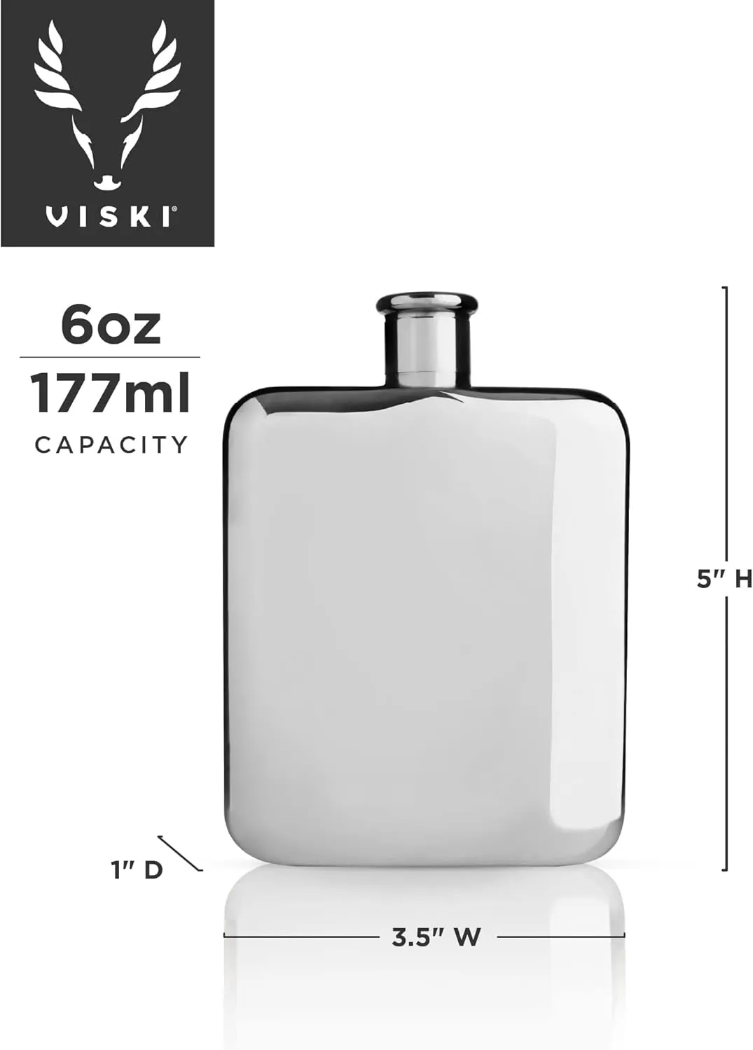Viski Silver Polished Stainless Steel Flask With Screw Top for Alcohol, Liquor, Men - 6 Ounces, Set of 1