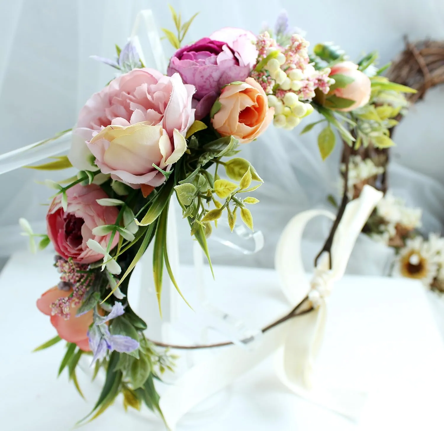 Vivivalue Floral Crown Women Flower Headband Floral Headpiece Halo Wedding Party Festival Photos