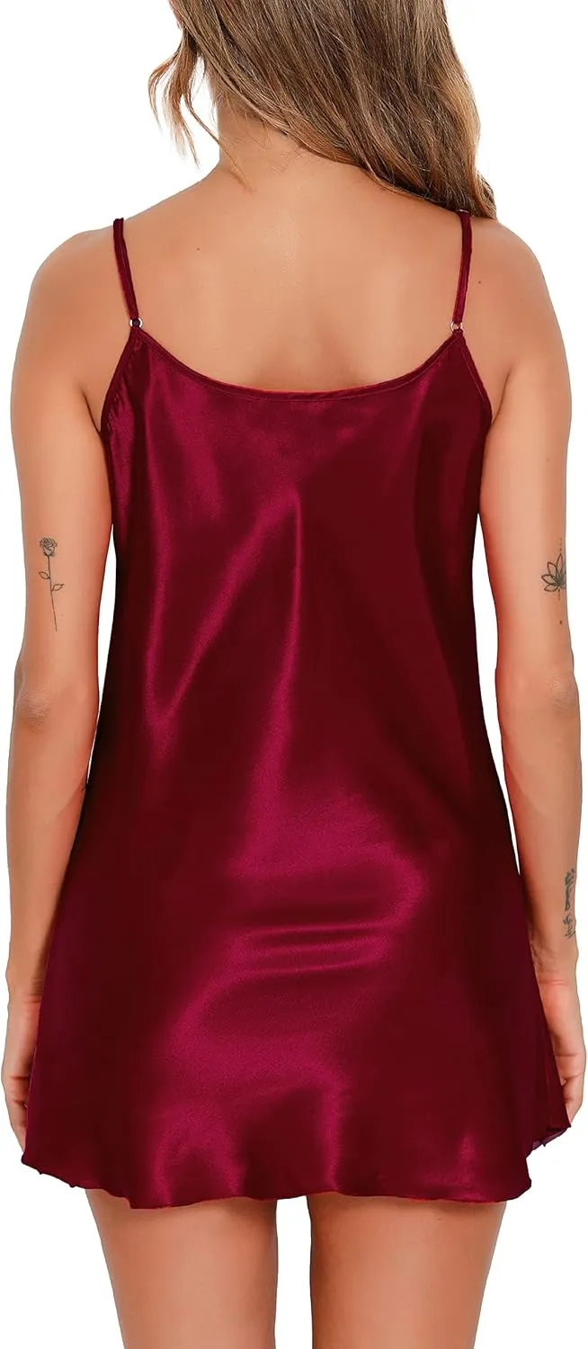 Vlazom Satin Nightshirts Sexy Silk Nightdress Spaghetti Strap Short Negligee Chemise Slip with Deep V Neck