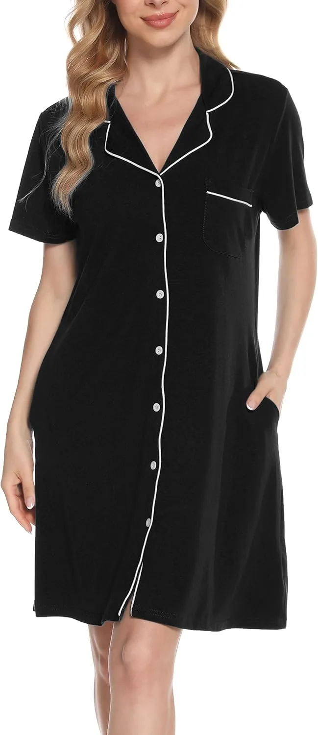 Vlazom Women's Nightgowns Short Sleeve Sleep Shirts Nightshirt V Neck Button Down Pajama Sleepwear S-XXL