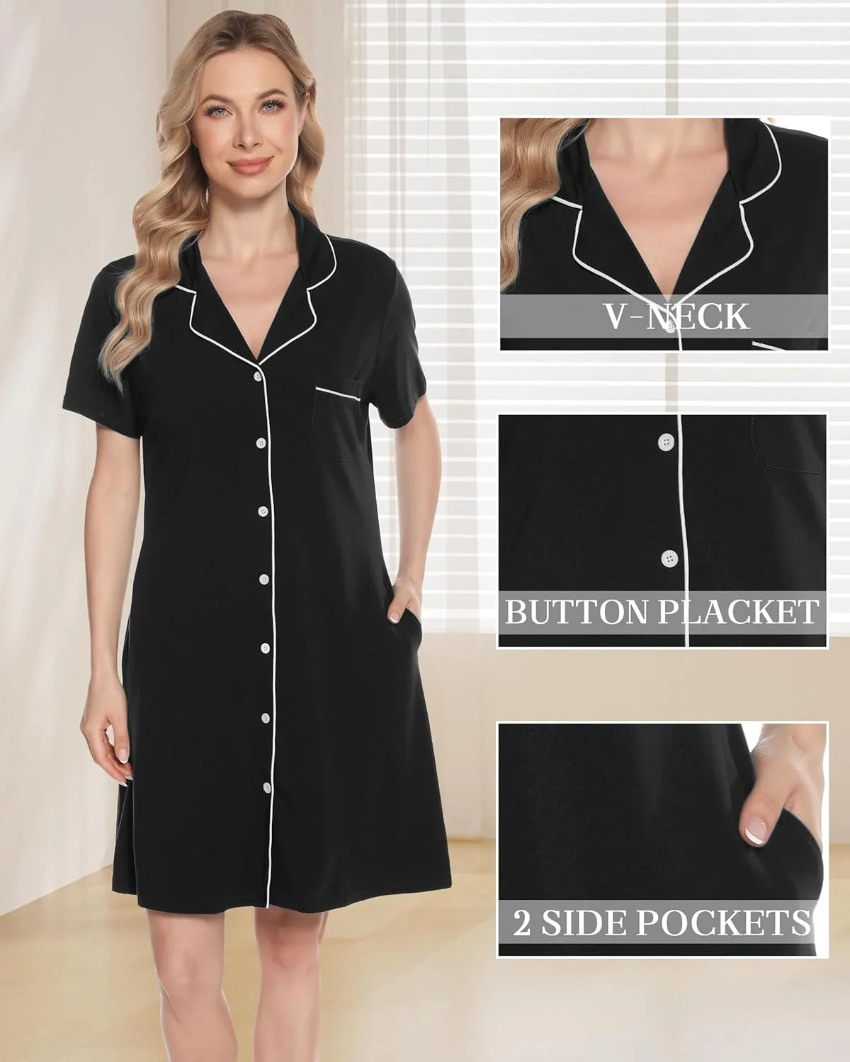 Vlazom Women's Nightgowns Short Sleeve Sleep Shirts Nightshirt V Neck Button Down Pajama Sleepwear S-XXL