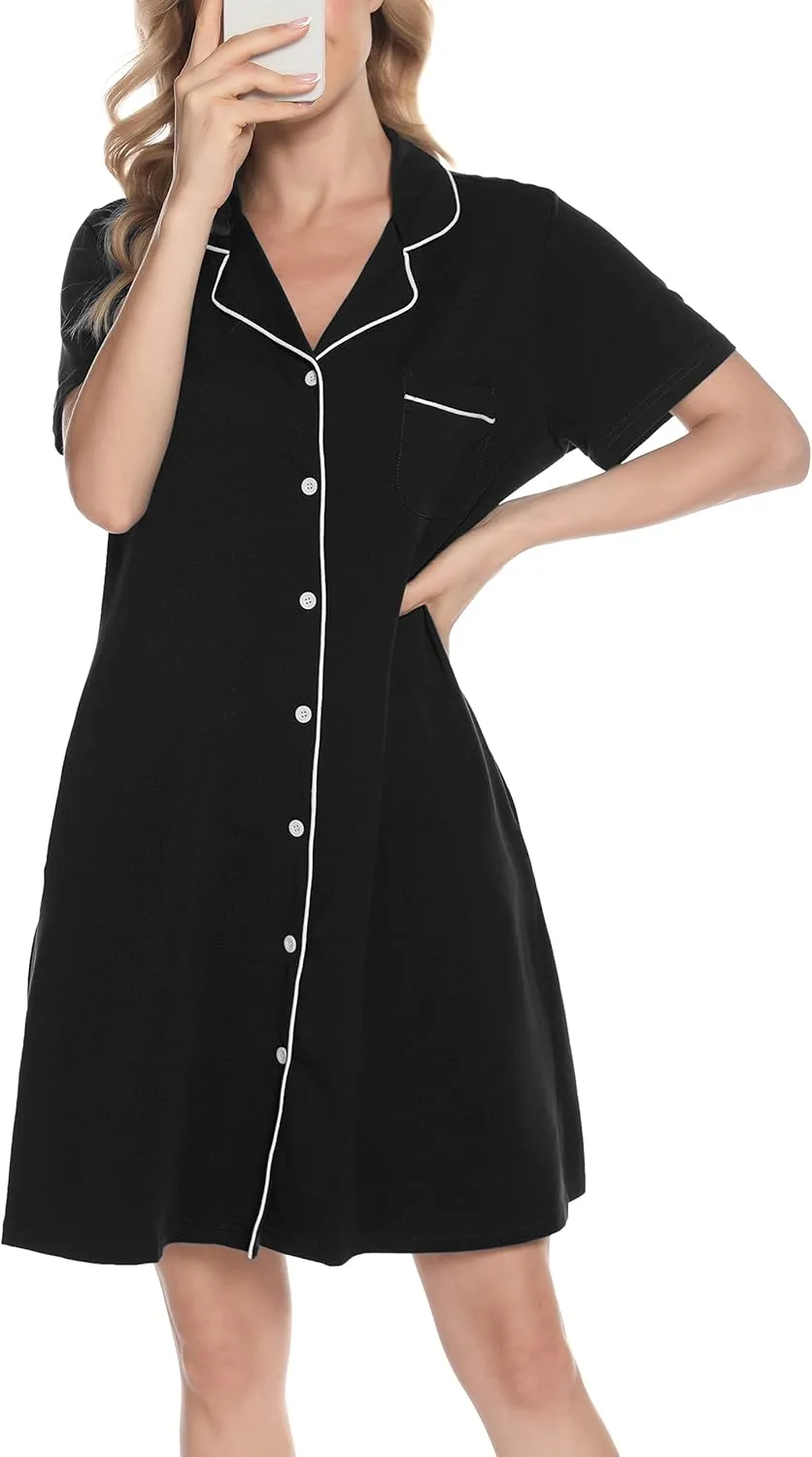 Vlazom Women's Nightgowns Short Sleeve Sleep Shirts Nightshirt V Neck Button Down Pajama Sleepwear S-XXL