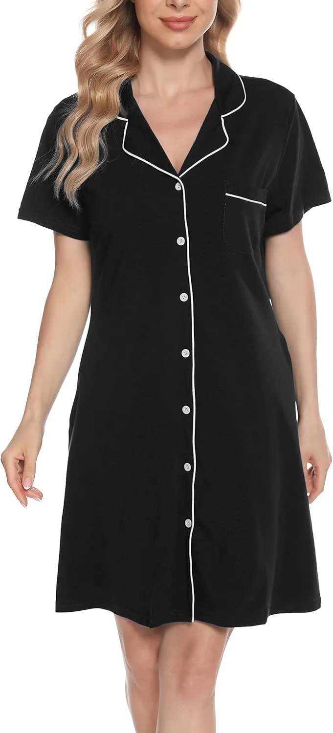 Vlazom Women's Nightgowns Short Sleeve Sleep Shirts Nightshirt V Neck Button Down Pajama Sleepwear S-XXL