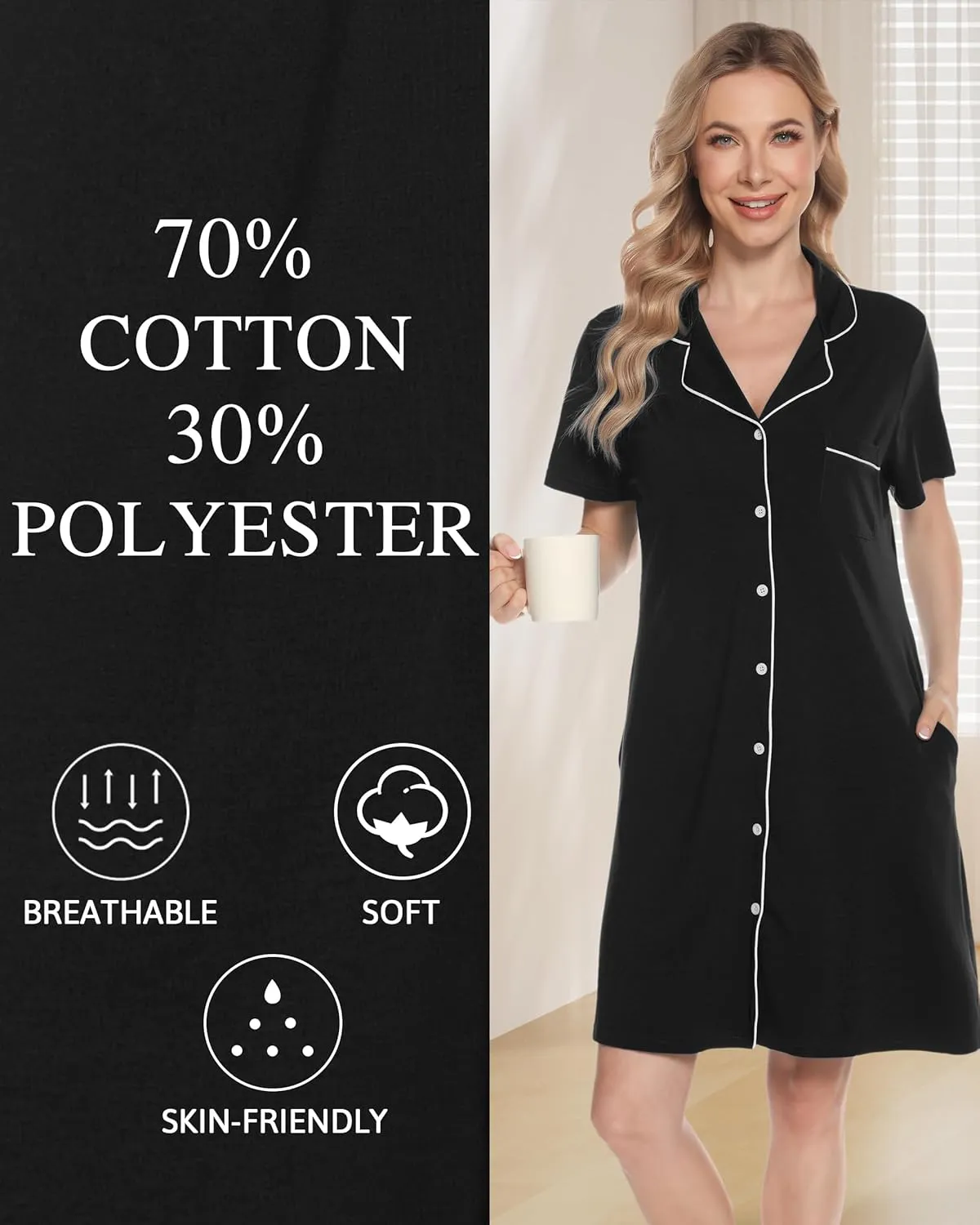 Vlazom Women's Nightgowns Short Sleeve Sleep Shirts Nightshirt V Neck Button Down Pajama Sleepwear S-XXL