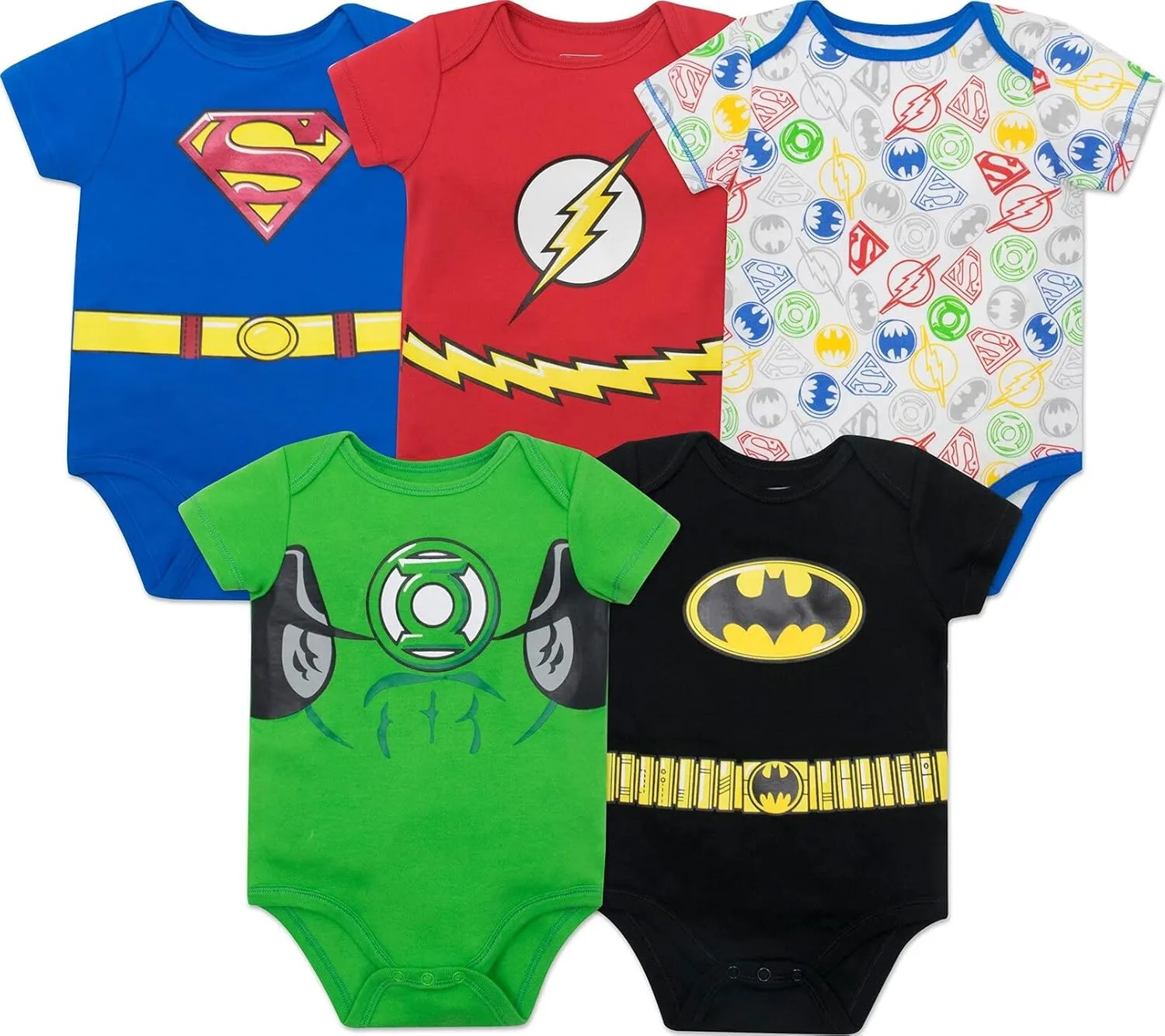 WARNER BROS Justice League DC Comics Baby 5 Pack Cosplay Costume Bodysuits Newborn to Infant Sizes (Newborn - 24 Months)
