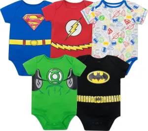 WARNER BROS Justice League DC Comics Baby 5 Pack Cosplay Costume Bodysuits Newborn to Infant Sizes (Newborn - 24 Months)