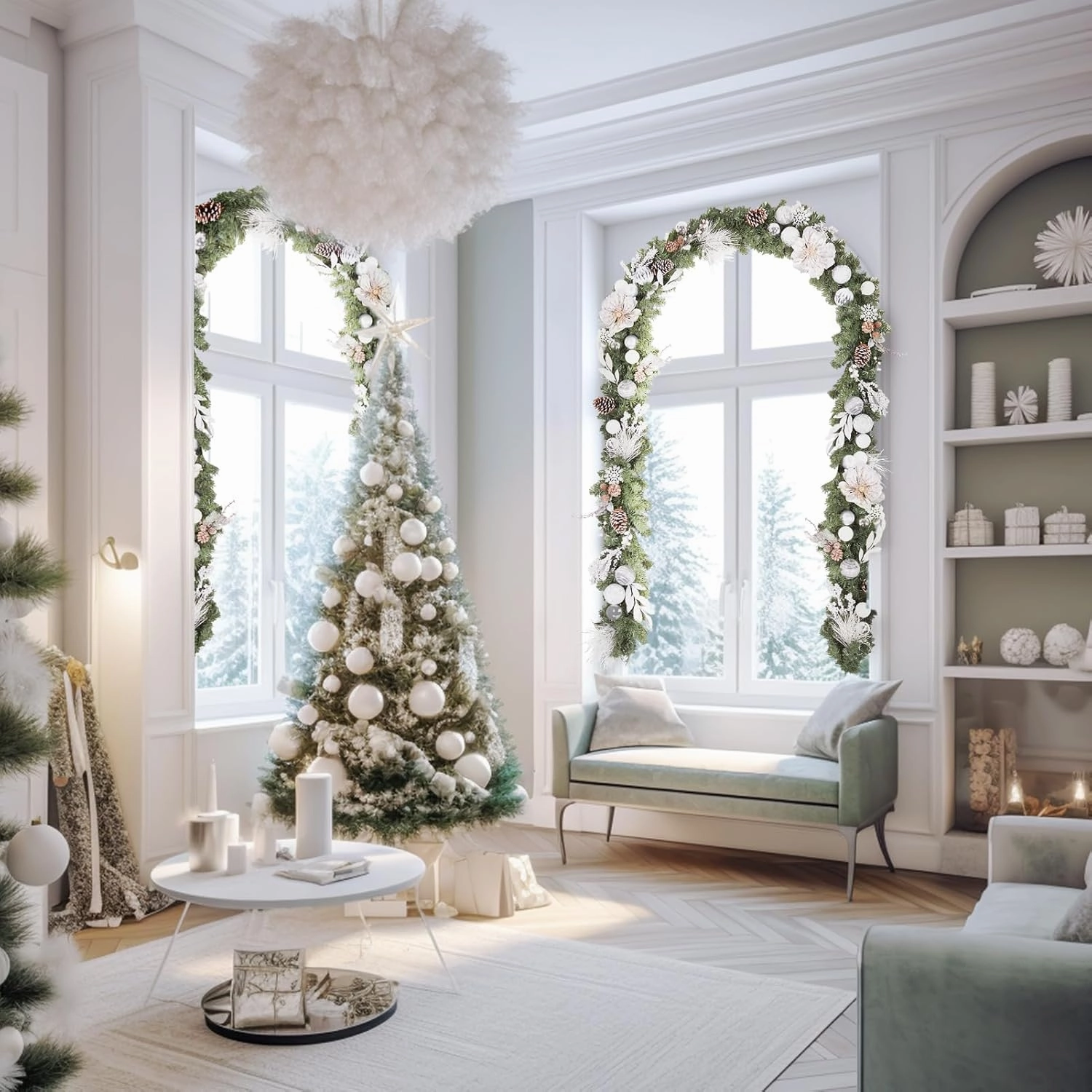 WBHome Pre-lit 9 Feet/108 Inch Christmas Garland, White & Silver Lighted Garland with 50 LED Lights for Indoor Outdoor Xmas Decor Holiday Decorations, Battery Operated (Batteries NOT Included)