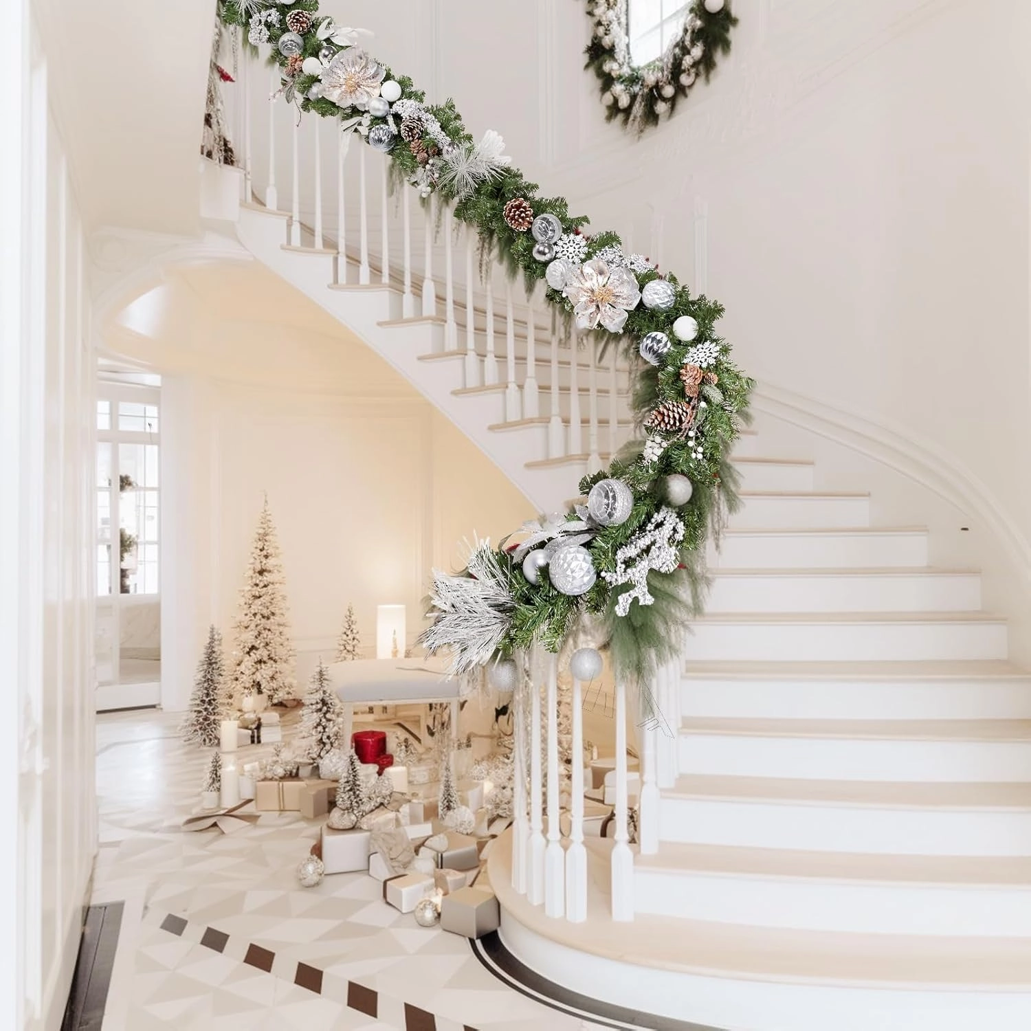 WBHome Pre-lit 9 Feet/108 Inch Christmas Garland, White & Silver Lighted Garland with 50 LED Lights for Indoor Outdoor Xmas Decor Holiday Decorations, Battery Operated (Batteries NOT Included)