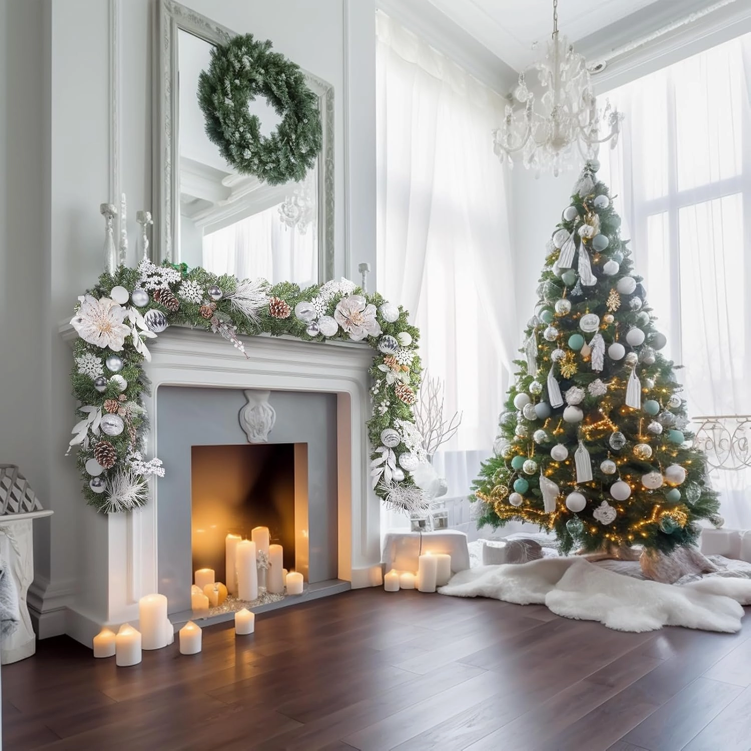 WBHome Pre-lit 9 Feet/108 Inch Christmas Garland, White & Silver Lighted Garland with 50 LED Lights for Indoor Outdoor Xmas Decor Holiday Decorations, Battery Operated (Batteries NOT Included)