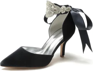 Wedding Bridal Pointed Toe Womens High Heel Shoes Ankle Buckle Pumps Rhinestones Heeled Bowknot Court Sandals Evening Party Dress,Black,11.5