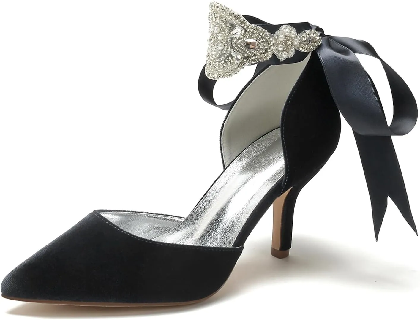 Wedding Bridal Pointed Toe Womens High Heel Shoes Ankle Buckle Pumps Rhinestones Heeled Bowknot Court Sandals Evening Party Dress,Black,11.5