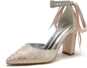 Wedding Shoes for Bride Closed Toe Block Heel Womens High Heels Pointed Toe Pumps Bridal Shoes Bowknot Strap Pearl Sandals Floral Satin Evening,Pink,8