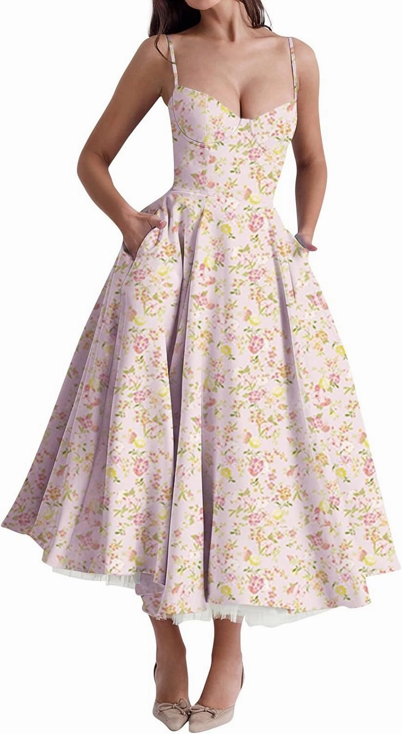 Wedding Guest Dresses for Women Spaghetti Straps Corset Homecoming Floral Cocktail Dress Lace Maxi Prom Dresses