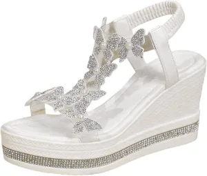Wedge Sandals For Women Summer Slides Platform Sandals Flat Casual Rhinestone Beaded Sparkly Bling Bohemian Lace Flower Sandal Fashionable Butterfly Decor Cute Walking Shoes