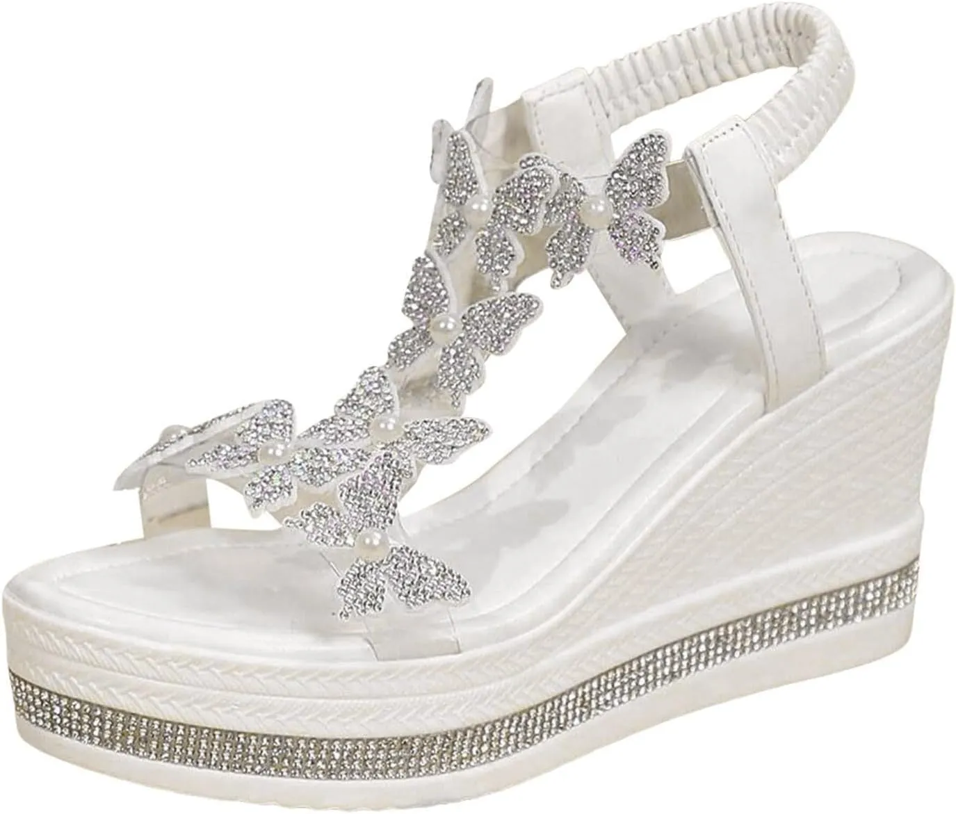 Wedge Sandals For Women Summer Slides Platform Sandals Flat Casual Rhinestone Beaded Sparkly Bling Bohemian Lace Flower Sandal Fashionable Butterfly Decor Cute Walking Shoes