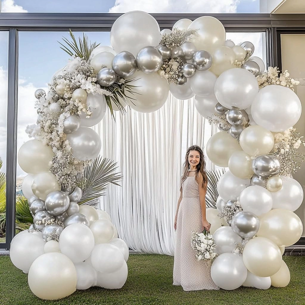 White and Silver Balloon Garland - Double Stuffed Pearl Sand White Silver Balloons Arch Kit 5 12 18 inch for Birthday Graduation Bar Mitzvah Bachelorette Wedding Baby Shower Party Decoration