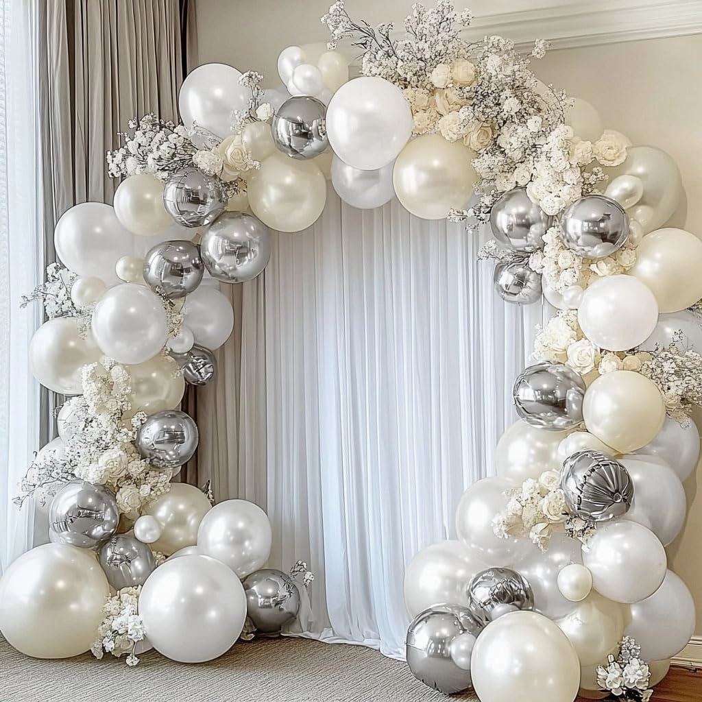 White and Silver Balloon Garland - Double Stuffed Pearl Sand White Silver Balloons Arch Kit 5 12 18 inch for Birthday Graduation Bar Mitzvah Bachelorette Wedding Baby Shower Party Decoration