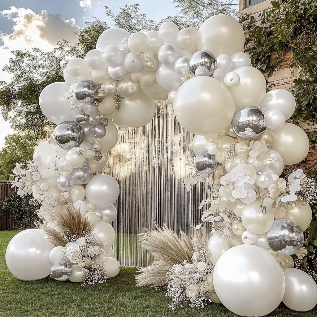 White and Silver Balloon Garland - Double Stuffed Pearl Sand White Silver Balloons Arch Kit 5 12 18 inch for Birthday Graduation Bar Mitzvah Bachelorette Wedding Baby Shower Party Decoration
