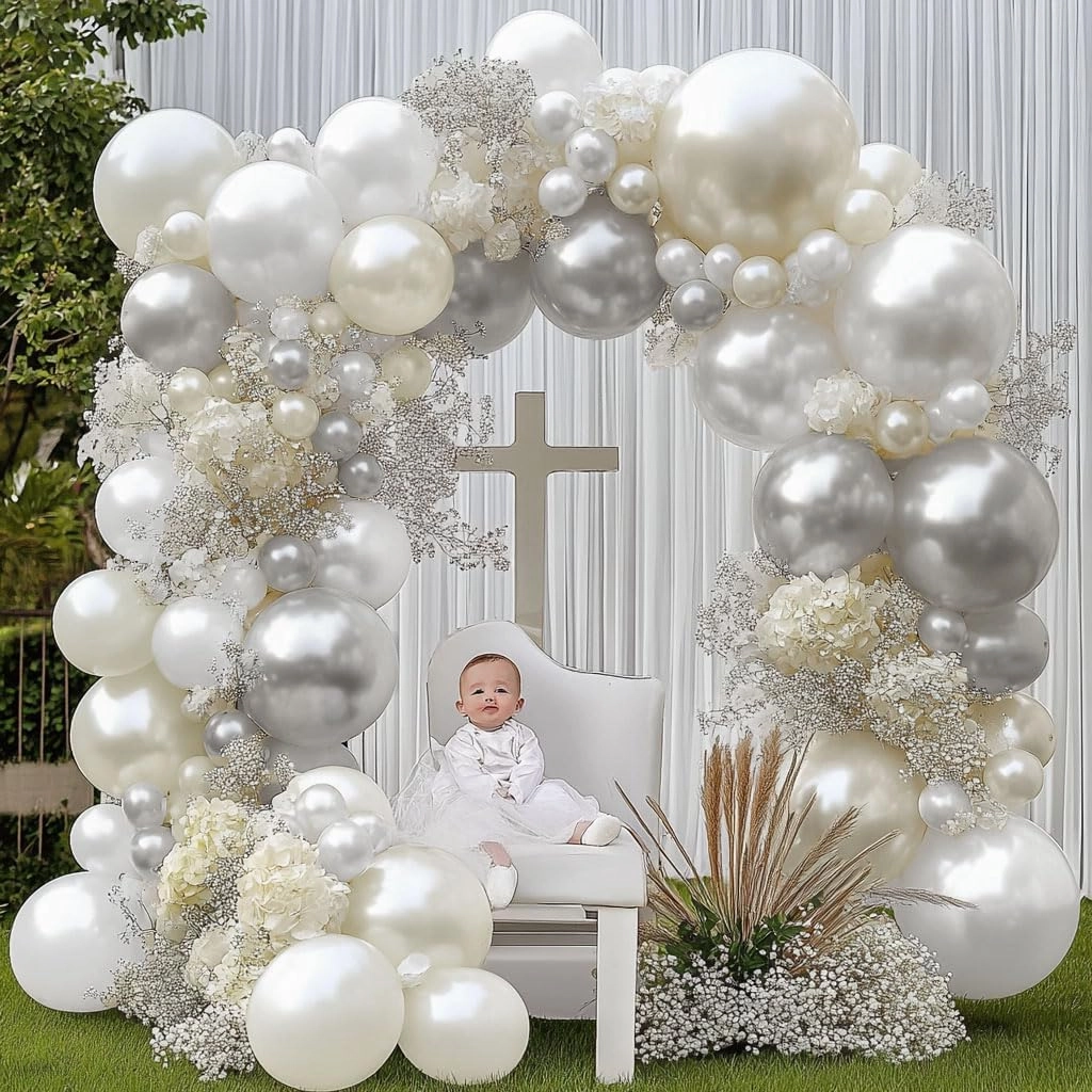 White and Silver Balloon Garland - Double Stuffed Pearl Sand White Silver Balloons Arch Kit 5 12 18 inch for Birthday Graduation Bar Mitzvah Bachelorette Wedding Baby Shower Party Decoration