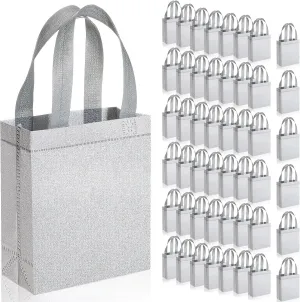 Woanger 48 Pack Wedding Gift Bags Reusable Gift Bags with Handle Glitter Tote Goodie Non Woven Bling Favor for Wedding Holiday Party(6.5 x 3.1 x 7.8 Inch,Silver)