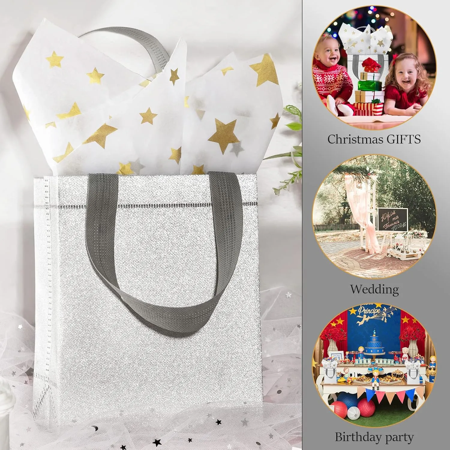 Woanger 48 Pack Wedding Gift Bags Reusable Gift Bags with Handle Glitter Tote Goodie Non Woven Bling Favor for Wedding Holiday Party(6.5 x 3.1 x 7.8 Inch,Silver)