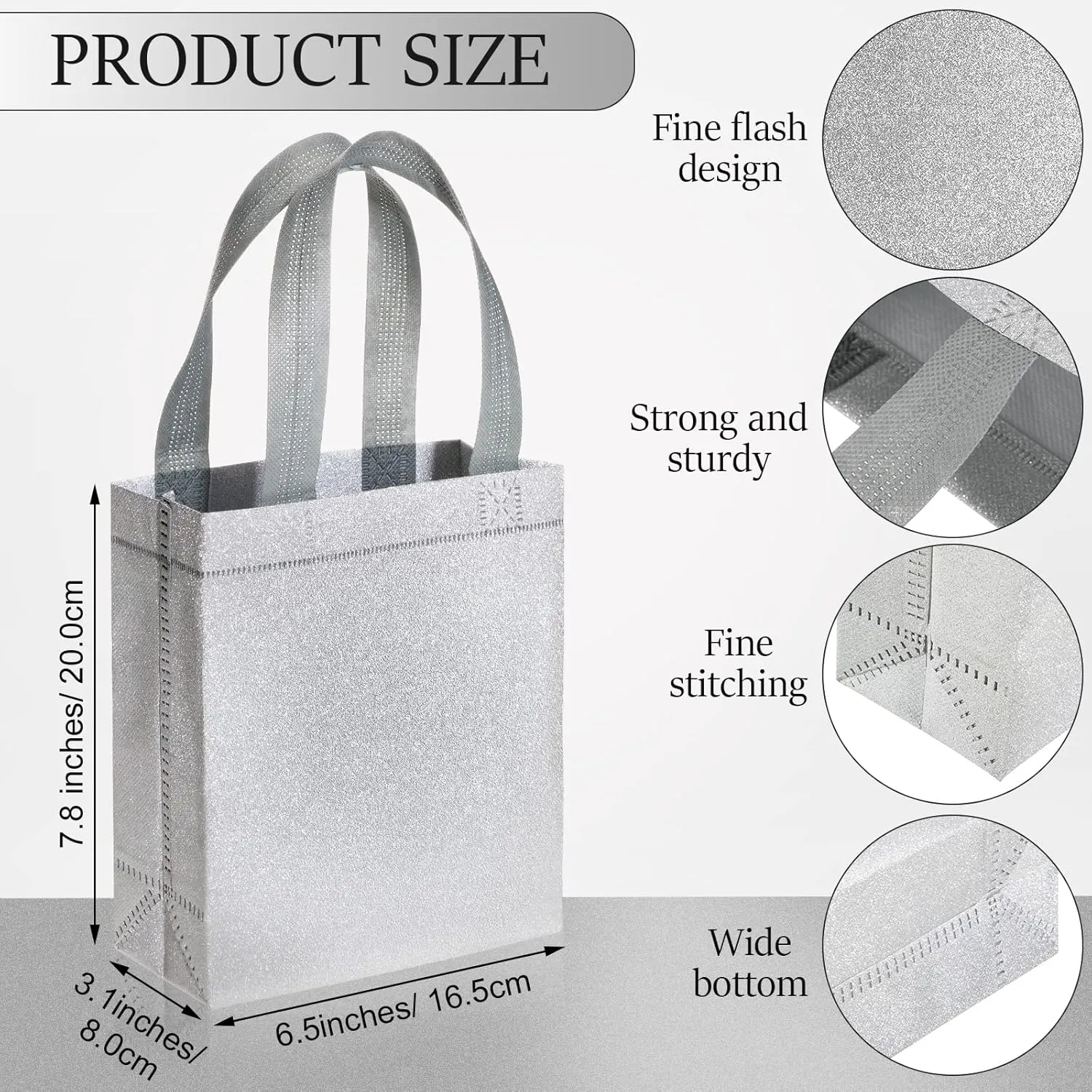 Woanger 48 Pack Wedding Gift Bags Reusable Gift Bags with Handle Glitter Tote Goodie Non Woven Bling Favor for Wedding Holiday Party(6.5 x 3.1 x 7.8 Inch,Silver)