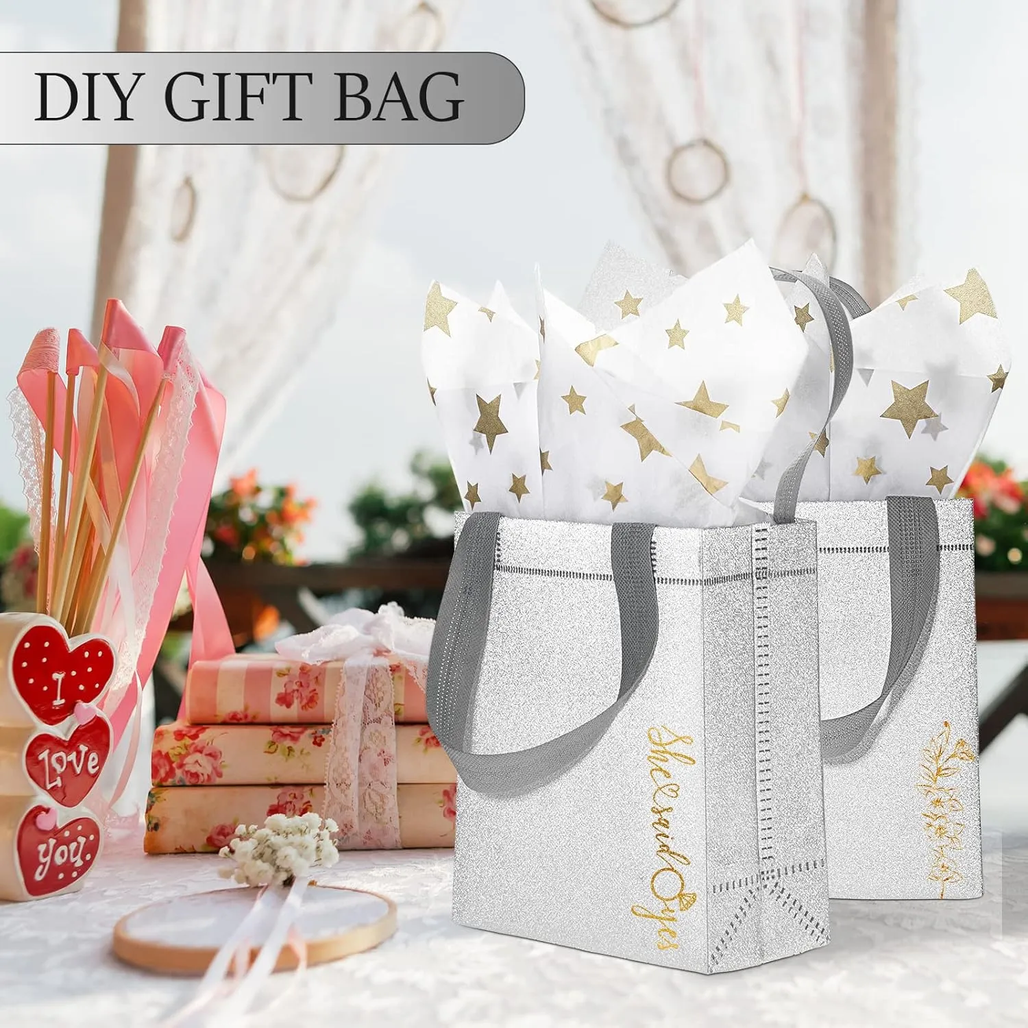 Woanger 48 Pack Wedding Gift Bags Reusable Gift Bags with Handle Glitter Tote Goodie Non Woven Bling Favor for Wedding Holiday Party(6.5 x 3.1 x 7.8 Inch,Silver)
