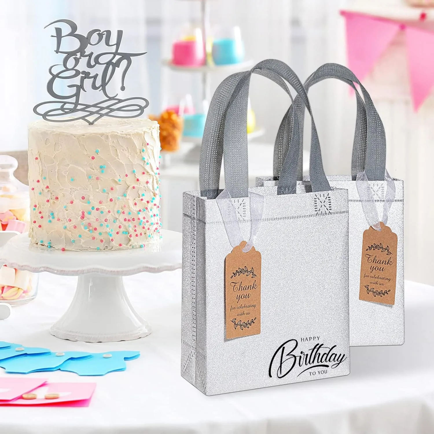 Woanger 48 Pack Wedding Gift Bags Reusable Gift Bags with Handle Glitter Tote Goodie Non Woven Bling Favor for Wedding Holiday Party(6.5 x 3.1 x 7.8 Inch,Silver)