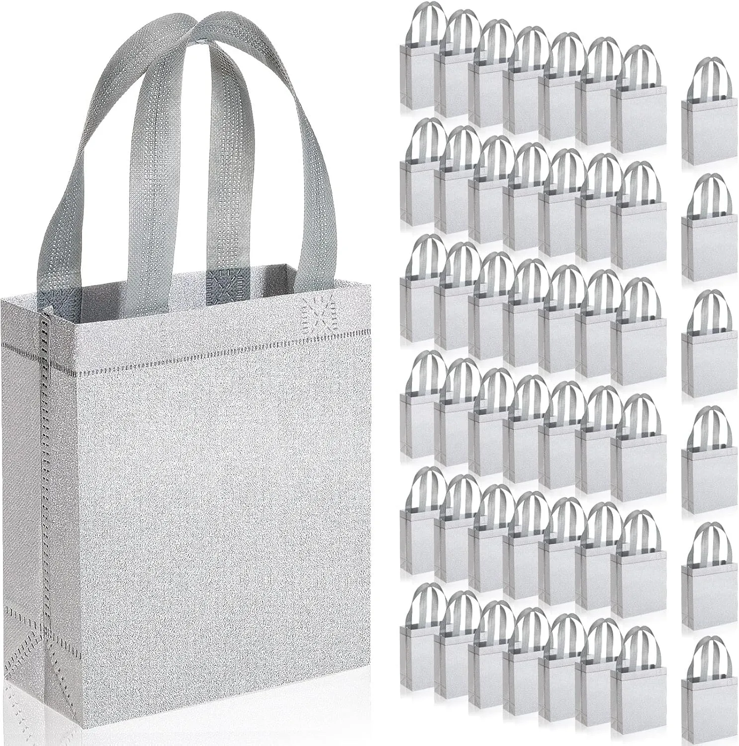 Woanger 48 Pack Wedding Gift Bags Reusable Gift Bags with Handle Glitter Tote Goodie Non Woven Bling Favor for Wedding Holiday Party(6.5 x 3.1 x 7.8 Inch,Silver)