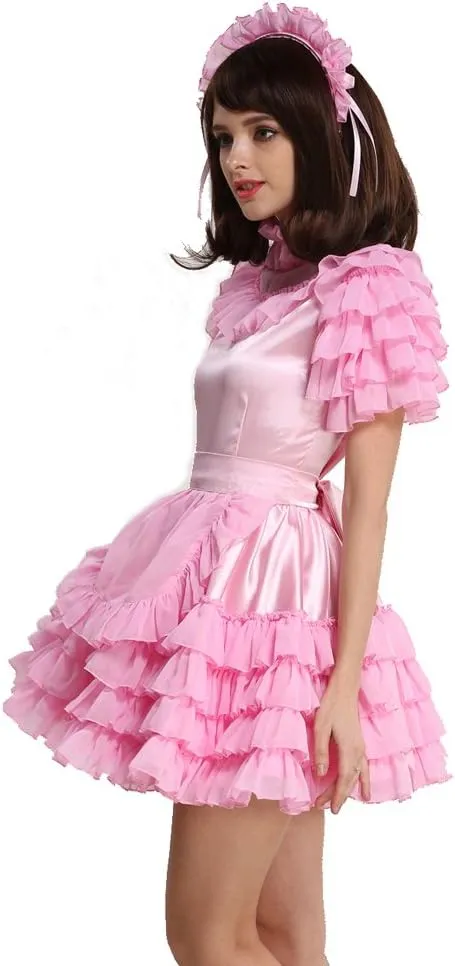 Women Lockable Maid Light Pink Stain Dress Uniform Costume