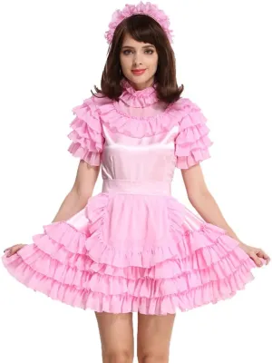 Women Lockable Maid Light Pink Stain Dress Uniform Costume