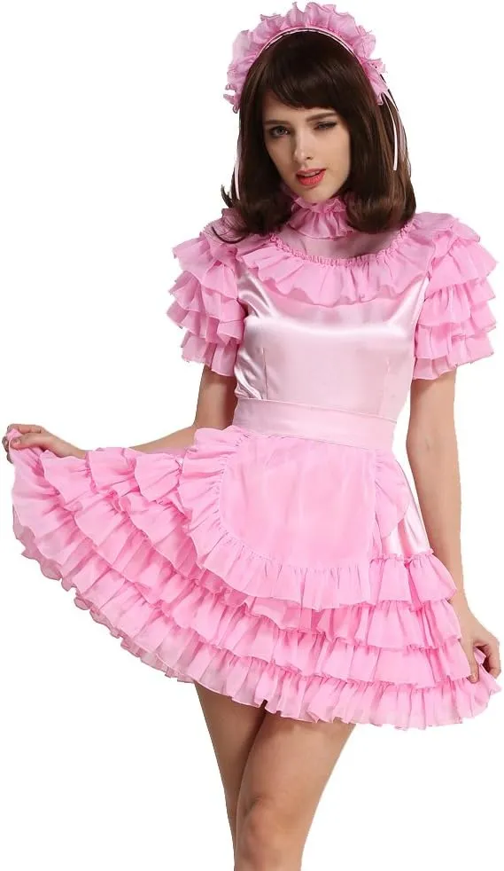 Women Lockable Maid Light Pink Stain Dress Uniform Costume