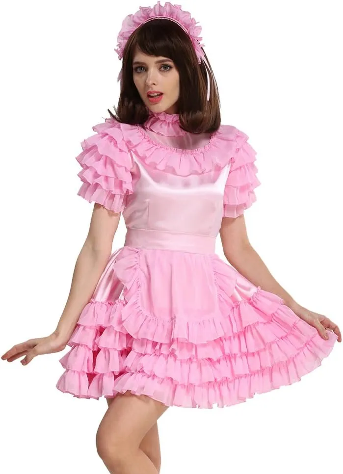 Women Lockable Maid Light Pink Stain Dress Uniform Costume