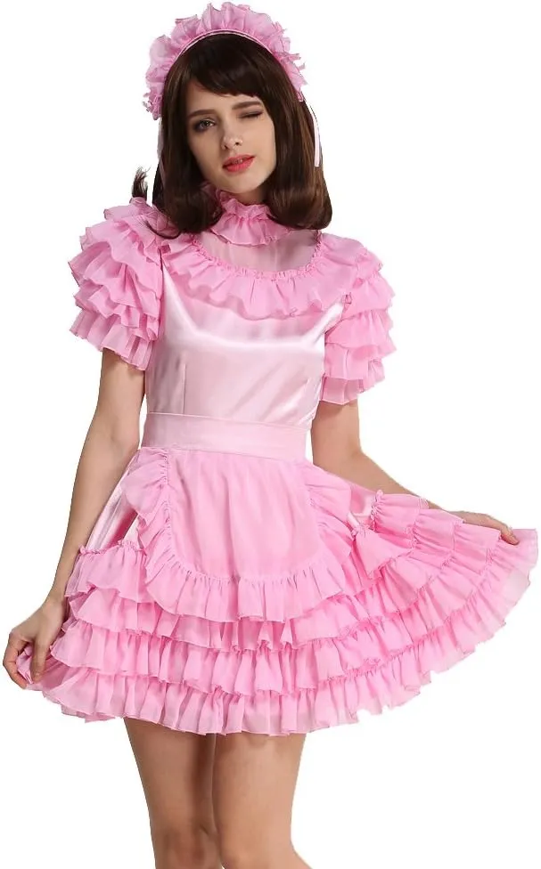 Women Lockable Maid Light Pink Stain Dress Uniform Costume