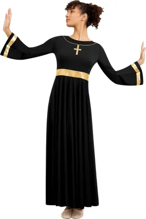 Women Metallic Cross Praise Dance Dress Liturgical Long Sleeve Worship Costume