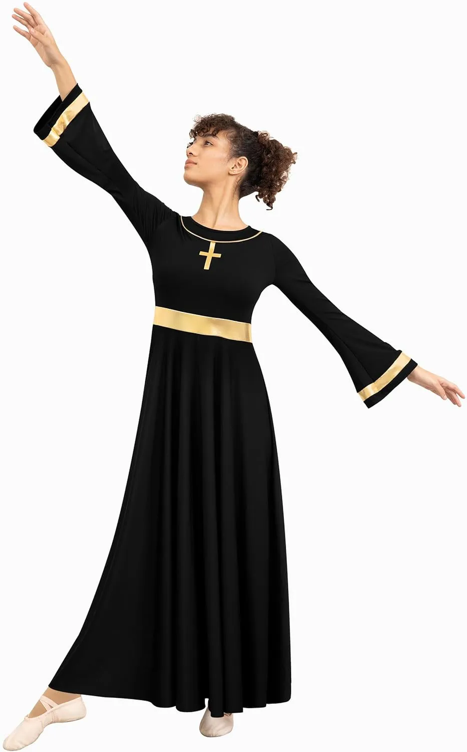 Women Metallic Cross Praise Dance Dress Liturgical Long Sleeve Worship Costume
