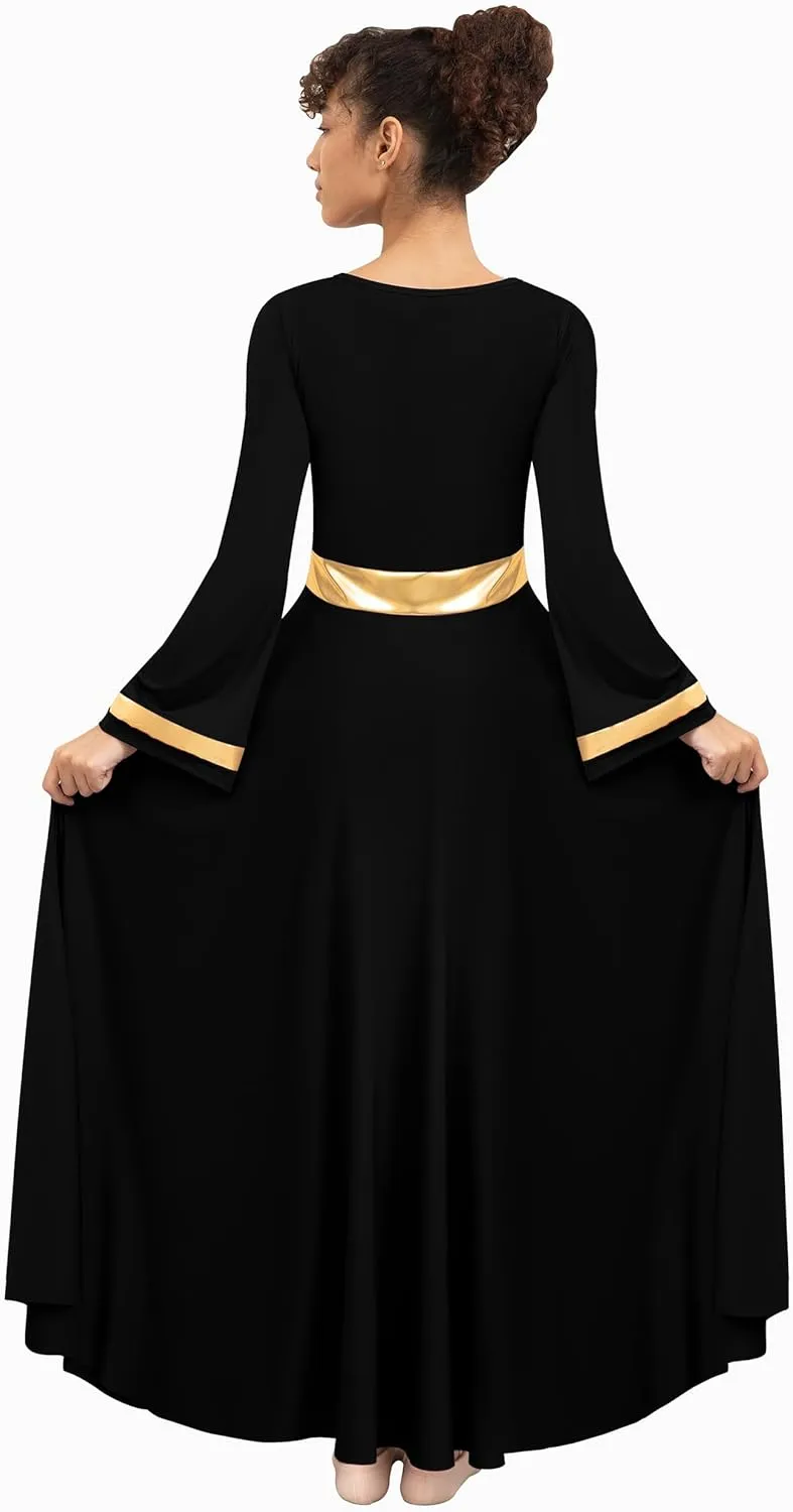Women Metallic Cross Praise Dance Dress Liturgical Long Sleeve Worship Costume