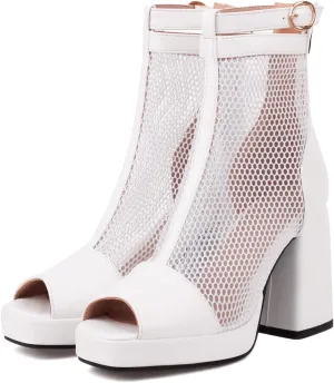 Women Platform Chunky Heel Sandal Booties Open Peep Square Toe Mesh Bootie Lace Up Gladiator Sandal Block High Heels Zipper Summer Boots Snakeskin Embroidered Caged Shoes Dressy 4-14 M US