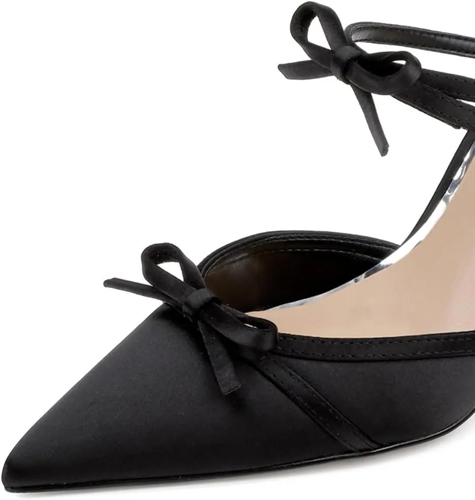 Women Pointed Toe Two Bows Satin Mules Slip on Special High Heel Slide Sandals Graceful Dress Party Shoes Size 4-16 US