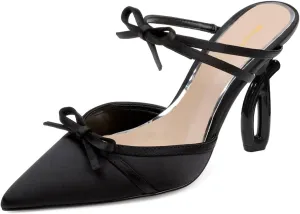 Women Pointed Toe Two Bows Satin Mules Slip on Special High Heel Slide Sandals Graceful Dress Party Shoes Size 4-16 US