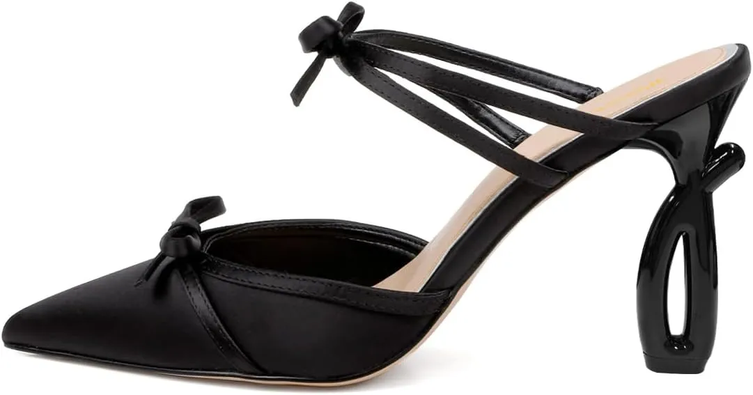 Women Pointed Toe Two Bows Satin Mules Slip on Special High Heel Slide Sandals Graceful Dress Party Shoes Size 4-16 US