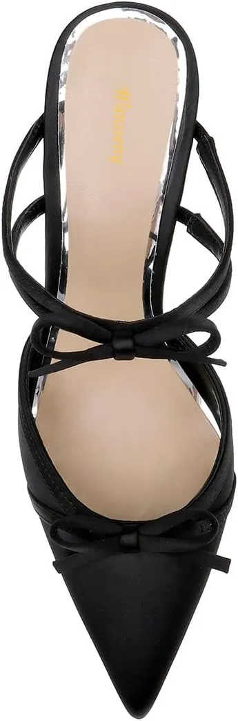 Women Pointed Toe Two Bows Satin Mules Slip on Special High Heel Slide Sandals Graceful Dress Party Shoes Size 4-16 US