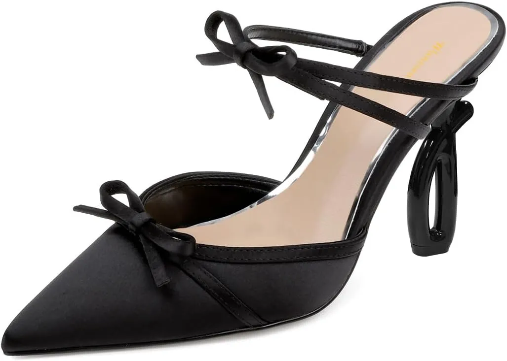 Women Pointed Toe Two Bows Satin Mules Slip on Special High Heel Slide Sandals Graceful Dress Party Shoes Size 4-16 US