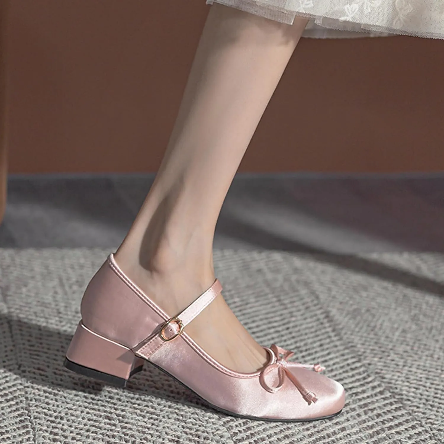 Women Satin Bow Chunky Heel Mary Janes Pumps Fashion Square Toe Adjustable Ankle Strap Mid Block Heel Ballet Shoes Lightweight Breathable Business Office Dress Shoes